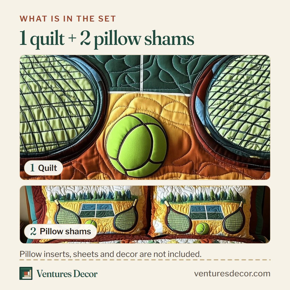 What is in the set: one quilt and two pillow shams, shown in the Tennis Time Facing Green Rackets design