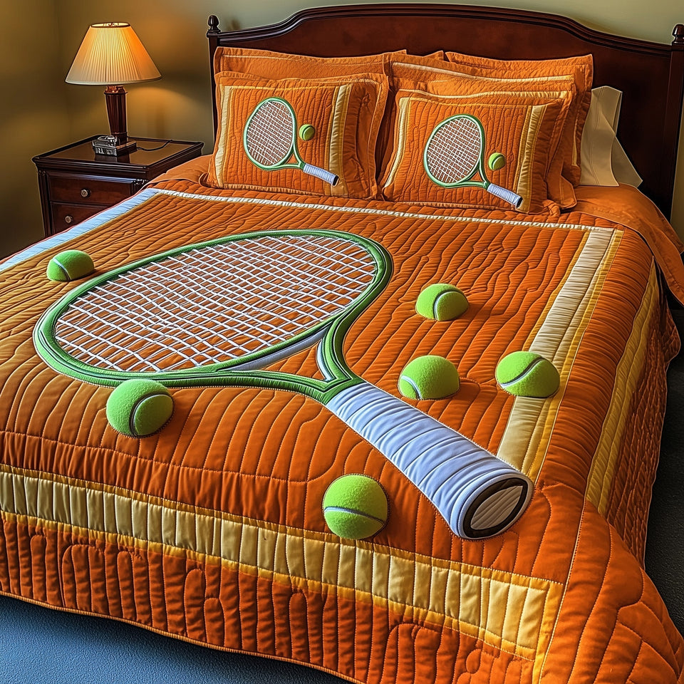 Tennis Time Rackets and Scattered Balls quilted bedding set, quilt and two pillow shams on a made bed