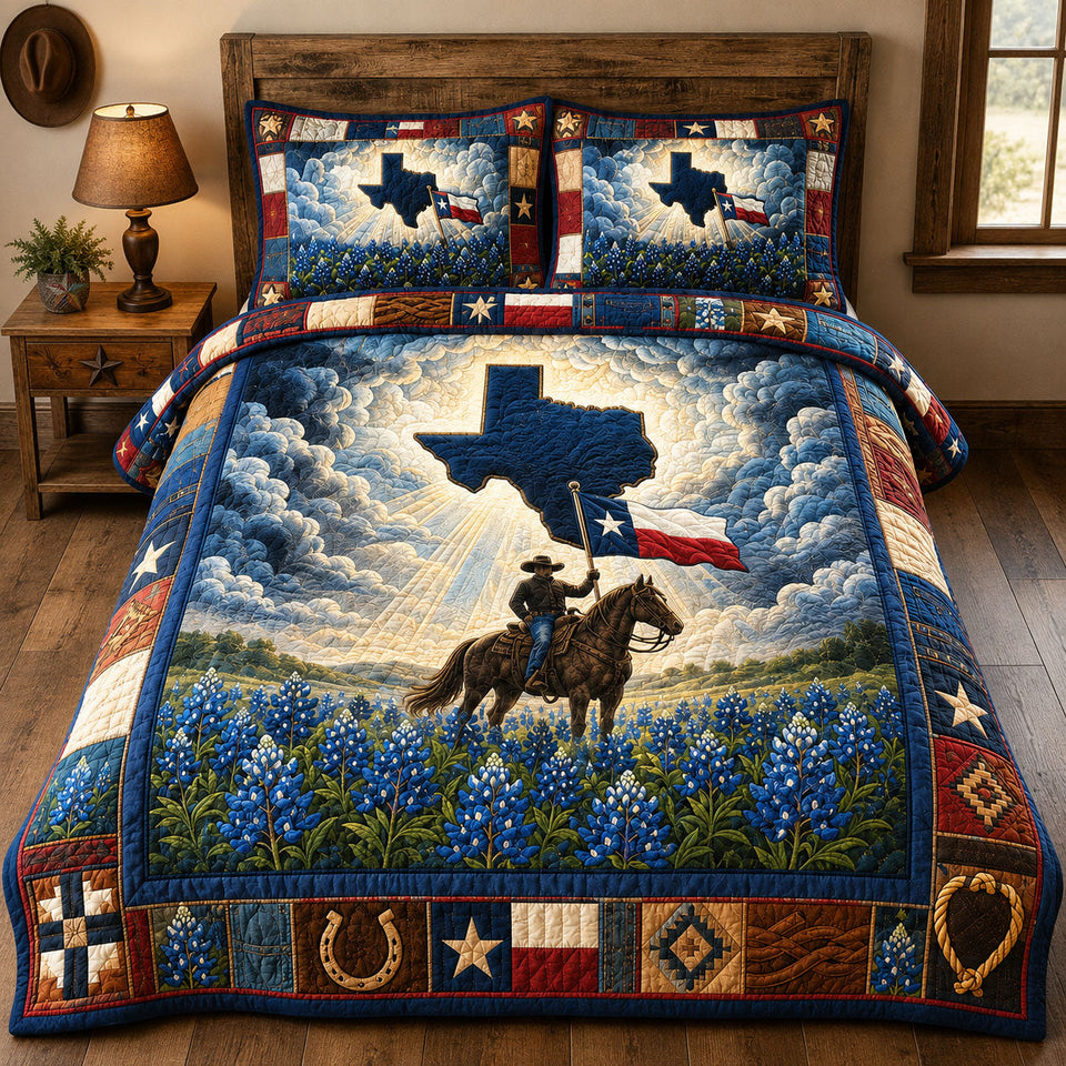 Texas Bluebonnet Rider quilted bedding set, quilt and two pillow shams on a made bed