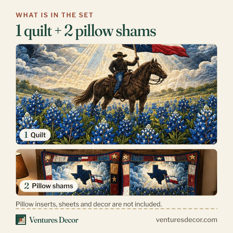 What is in the set: one quilt and two pillow shams, shown in the Texas Bluebonnet Rider design