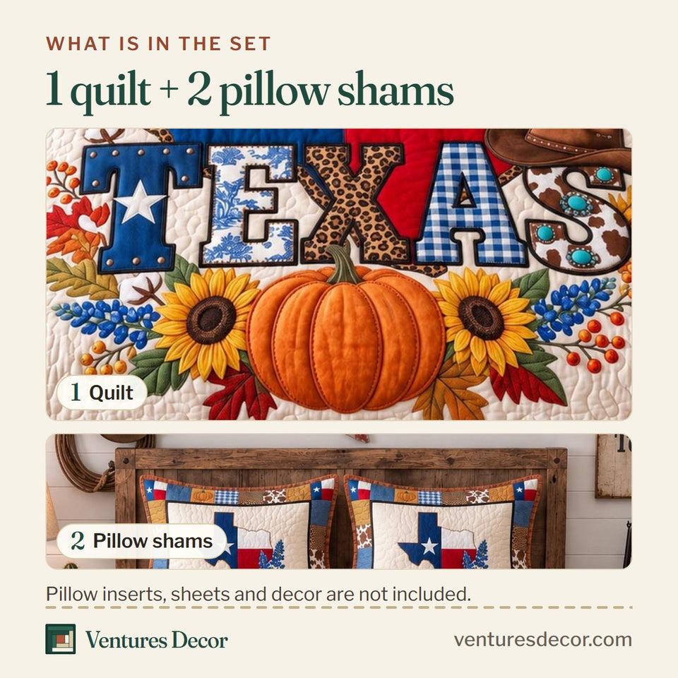 What is in the set: one quilt and two pillow shams, shown in the Texas Fall Pumpkin design