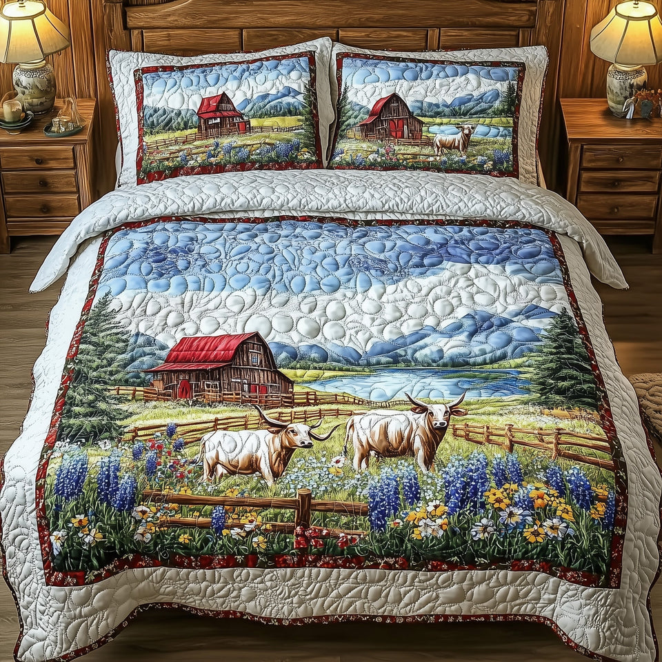 Texas Farm quilted bedding set, quilt and two pillow shams on a made bed