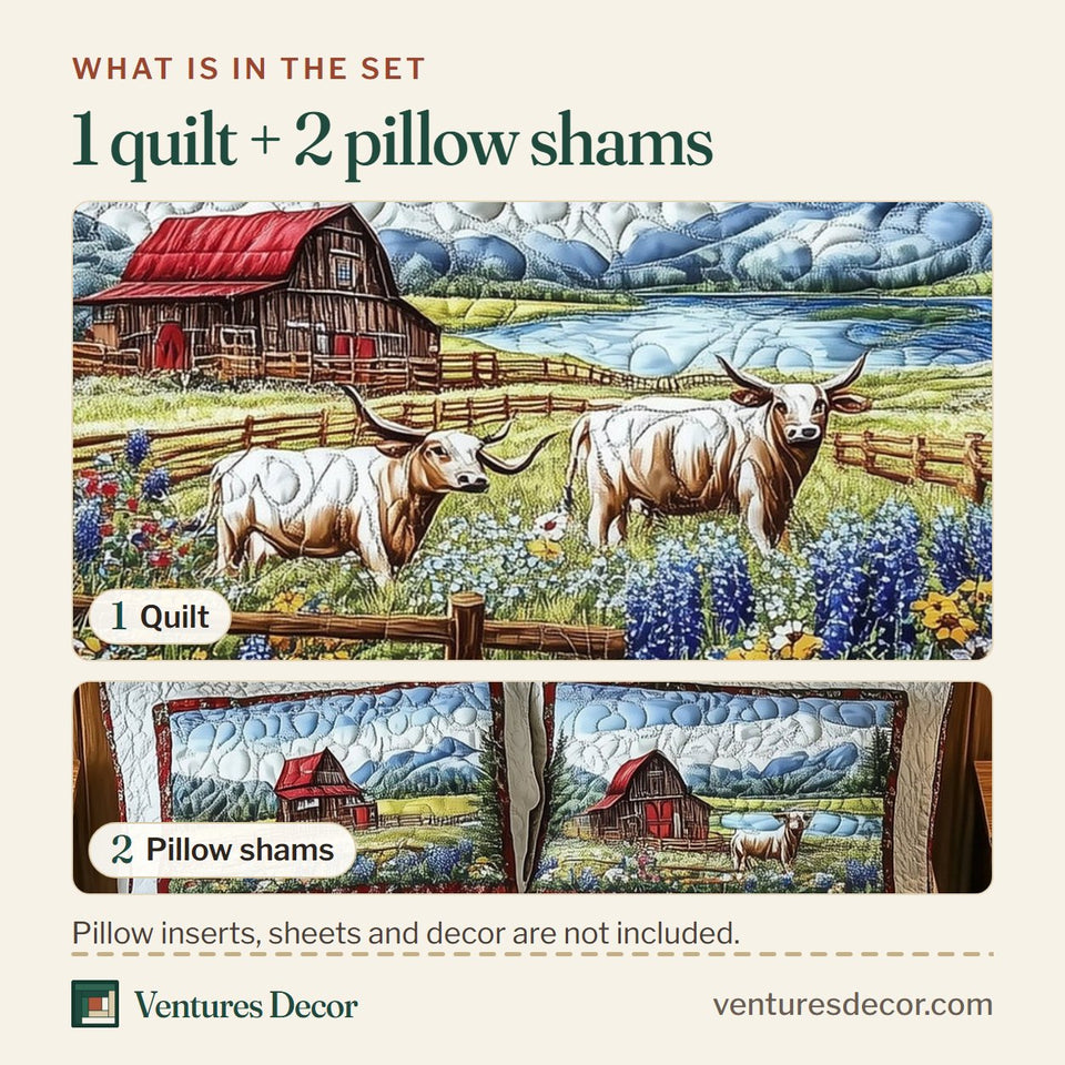 What is in the set: one quilt and two pillow shams, shown in the Texas Farm design