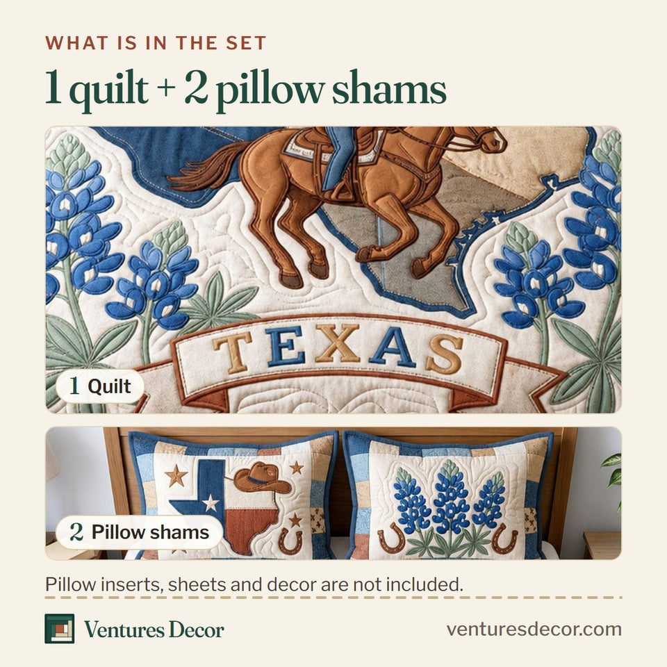What is in the set: one quilt and two pillow shams, shown in the Texas Flag Bluebonnet design