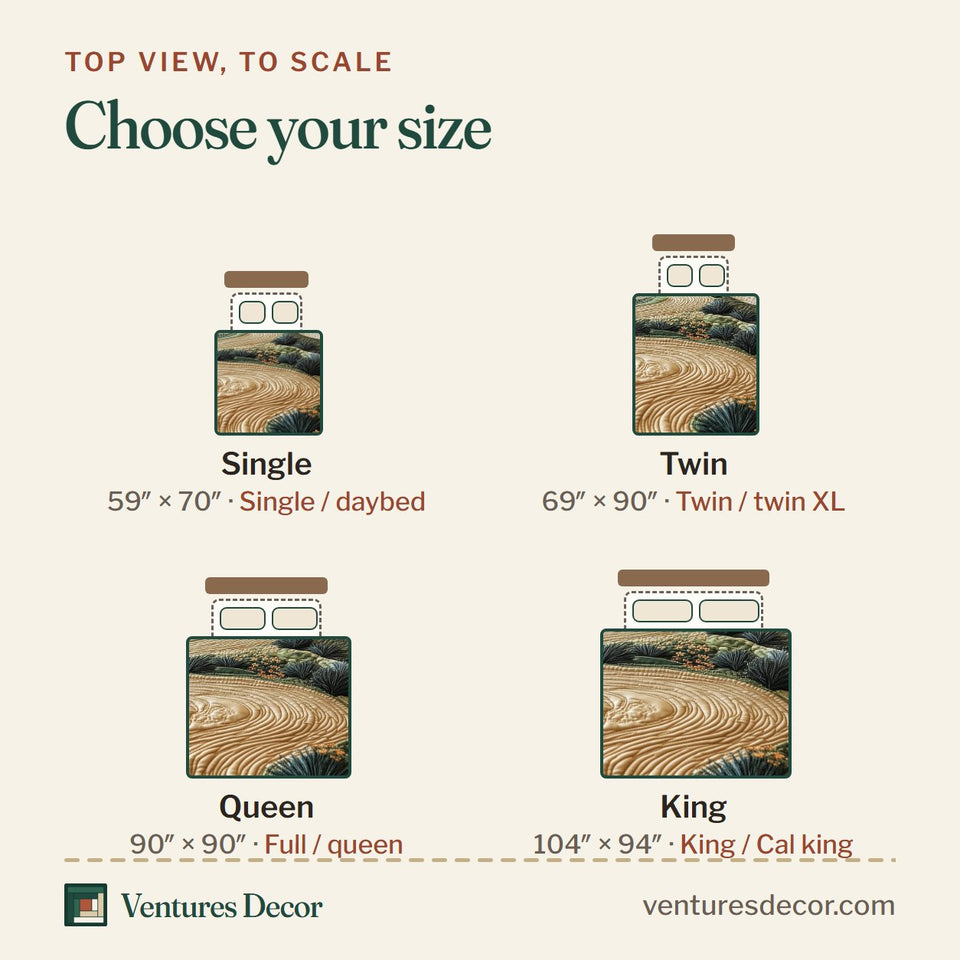 Size guide for the Texas Heritage Land quilt, top view to scale: Single 59 x 70 in, Twin 69 x 90 in, Queen 90 x 90 in, King 104 x 94 in