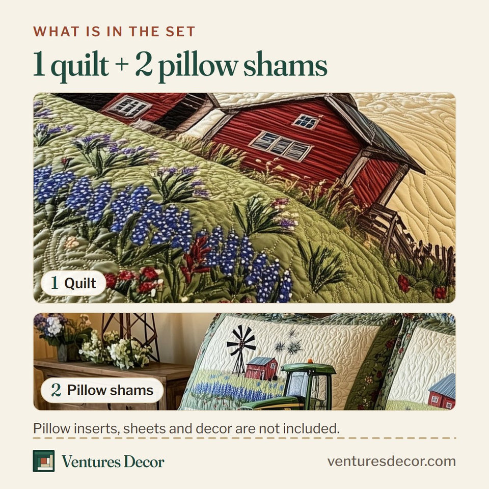What is in the set: one quilt and two pillow shams, shown in the Texas Home Hobbies design