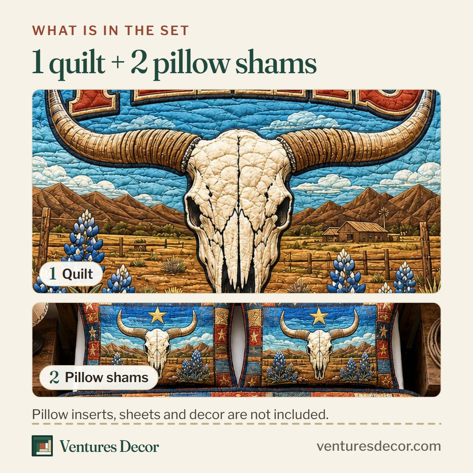 What is in the set: one quilt and two pillow shams, shown in the Texas Longhorn Skull design