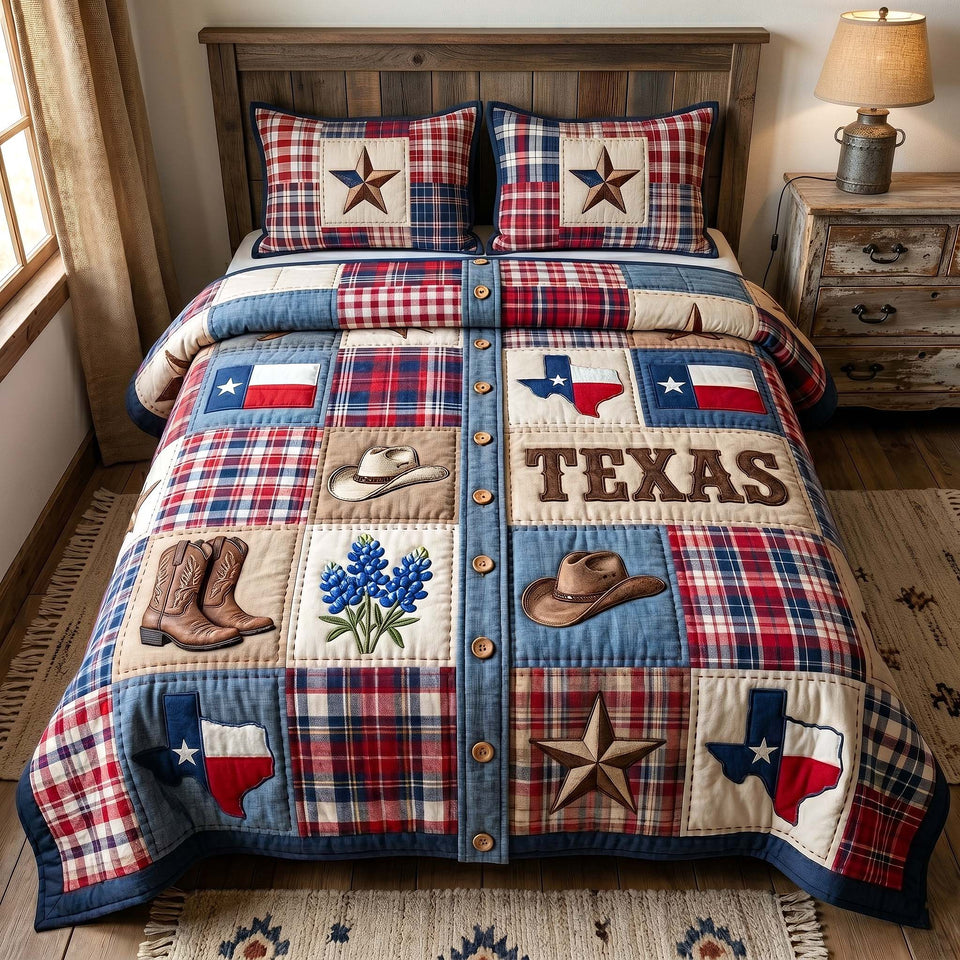 Texas Pride Flag Squares and Boots quilted bedding set, quilt and two pillow shams on a made bed