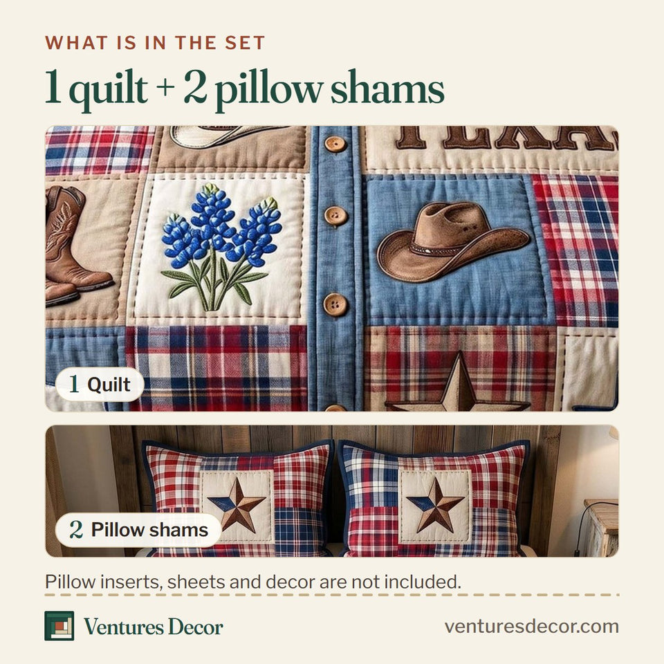 What is in the set: one quilt and two pillow shams, shown in the Texas Pride Flag Squares and Boots design