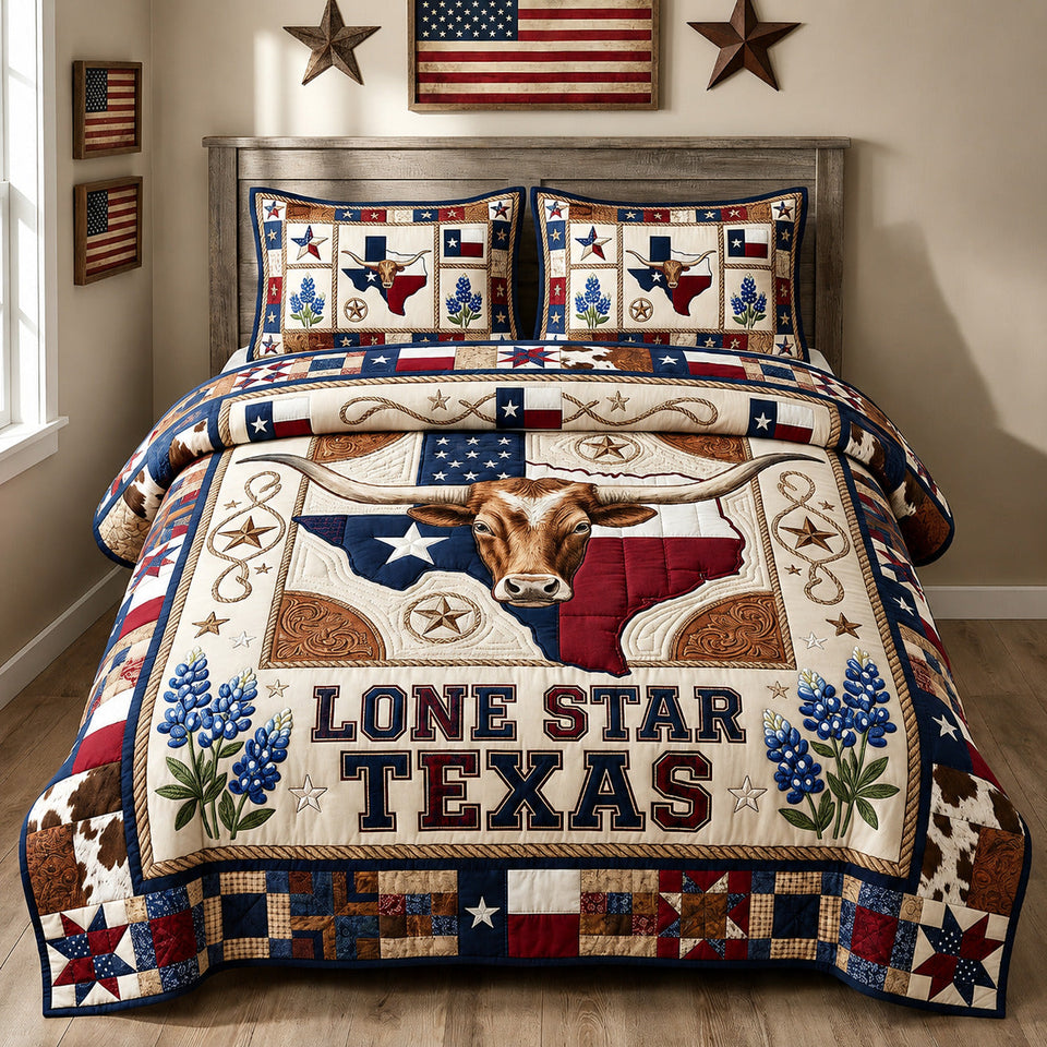 Texas Pride Lone Star Longhorn Map quilted bedding set, quilt and two pillow shams on a made bed