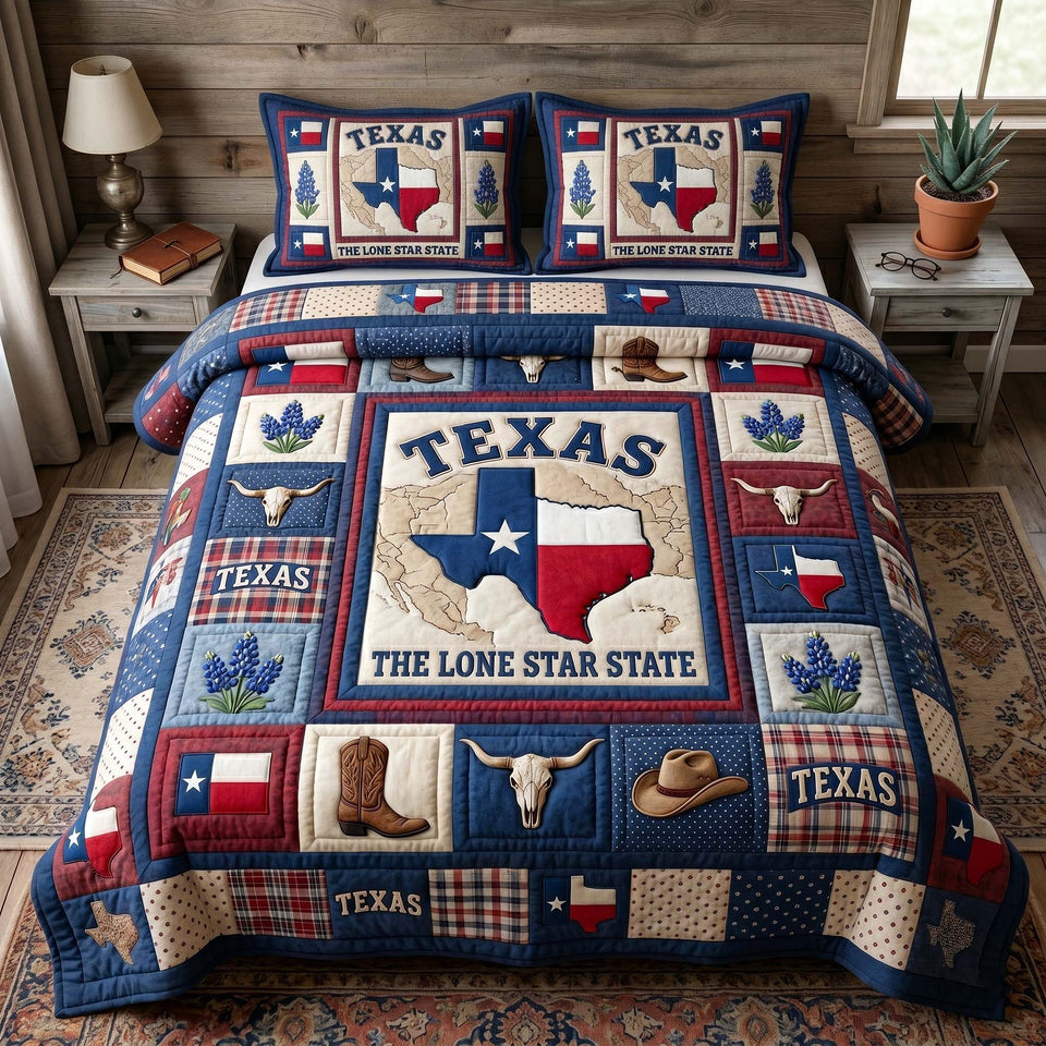 Texas Pride Navy Patchwork State Flag quilted bedding set, quilt and two pillow shams on a made bed