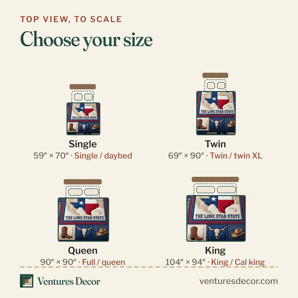 Size guide for the Texas Pride Navy Patchwork State Flag quilt, top view to scale: Single 59 x 70 in, Twin 69 x 90 in, Queen 90 x 90 in, King 104 x 94 in