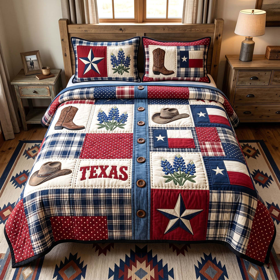 Texas Pride Plaid Patch Star Block quilted bedding set, quilt and two pillow shams on a made bed