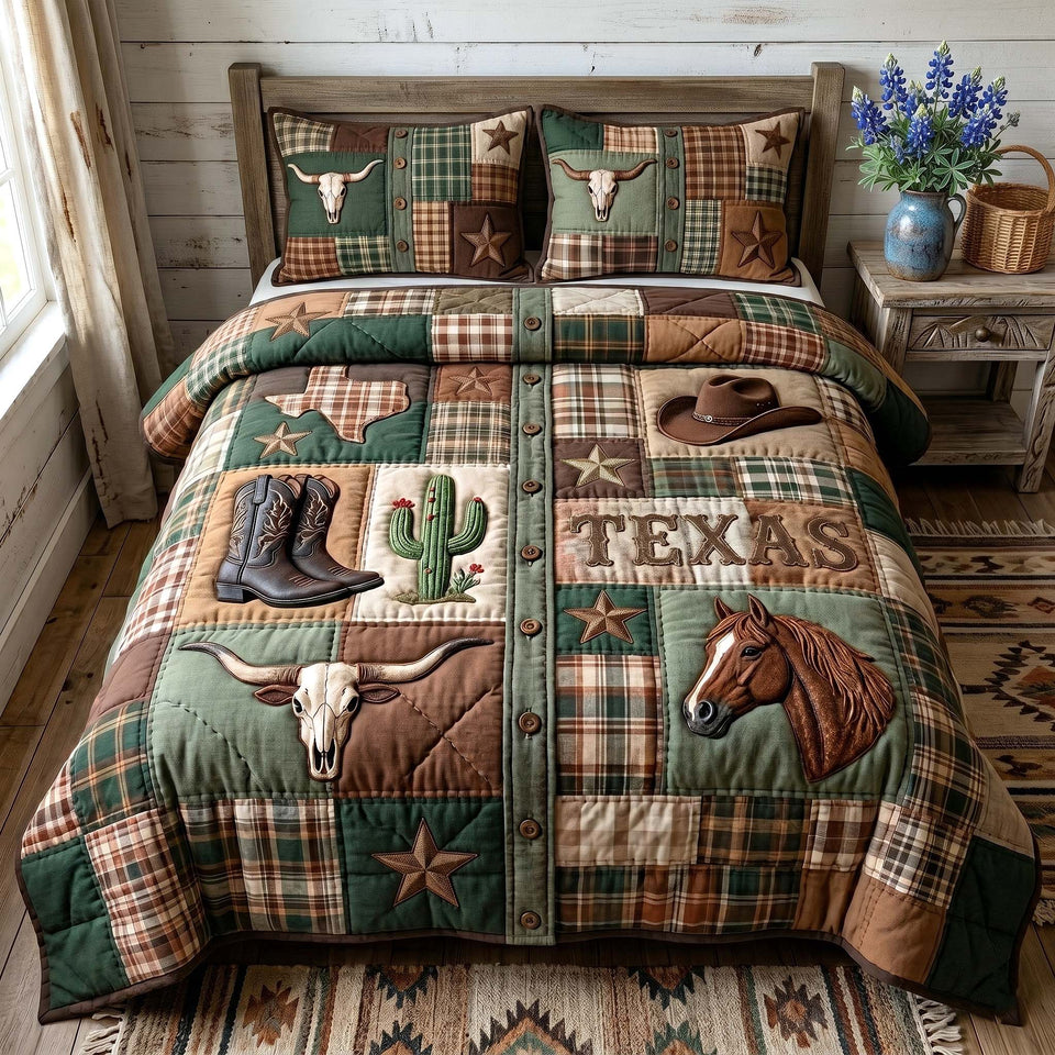 Texas Pride Sage Plaid Horse Panel quilted bedding set, quilt and two pillow shams on a made bed