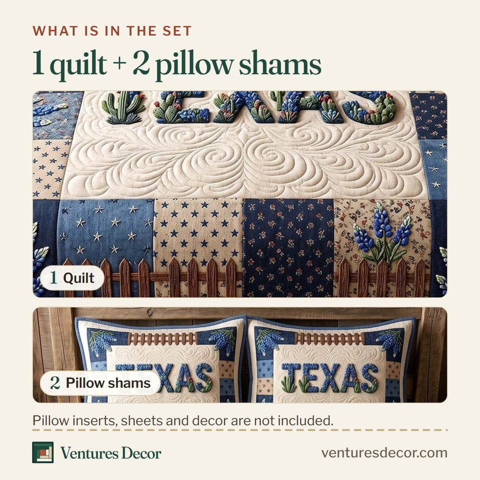 What is in the set: one quilt and two pillow shams, shown in the Texas Pride Stitched Letters Bluebonnet Border design