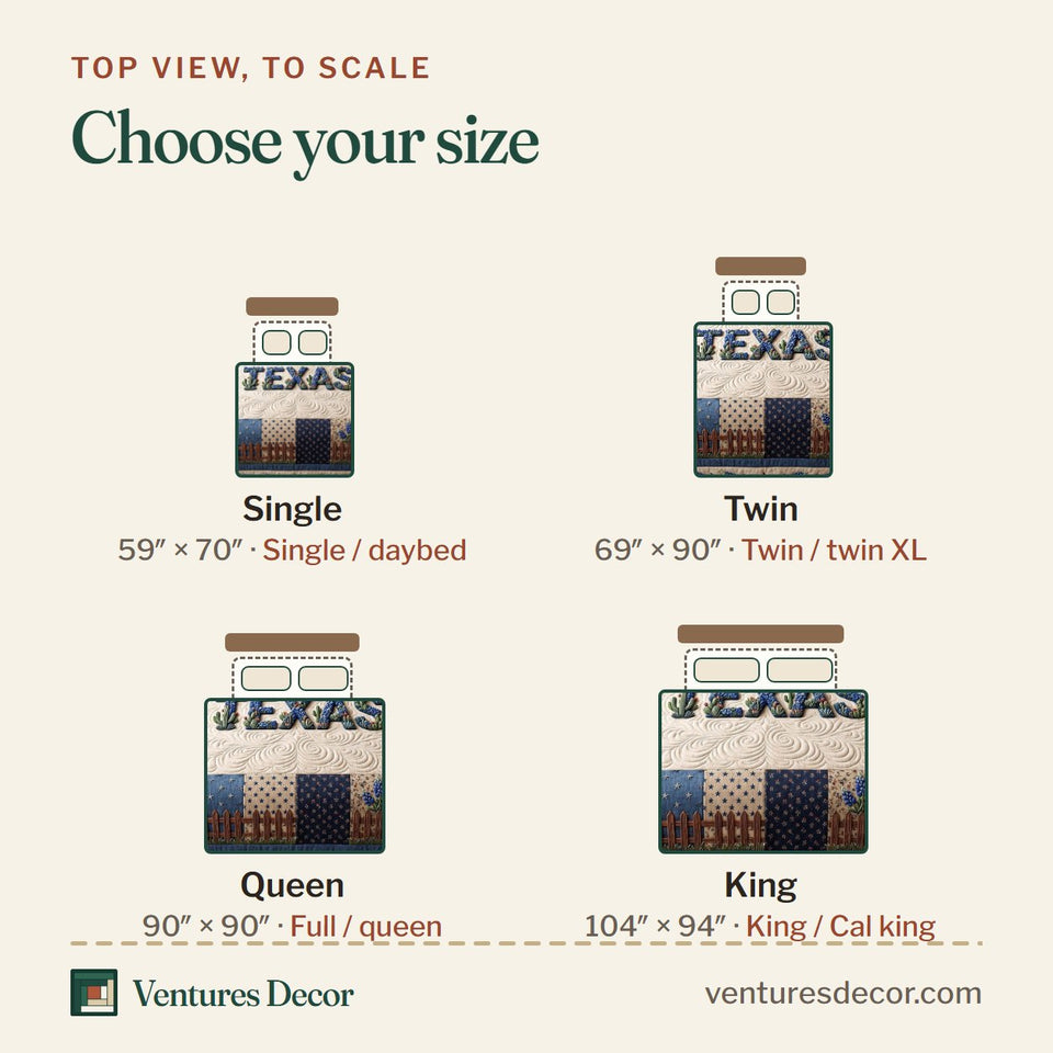 Size guide for the Texas Pride Stitched Letters Bluebonnet Border quilt, top view to scale: Single 59 x 70 in, Twin 69 x 90 in, Queen 90 x 90 in, King 104 x 94 in
