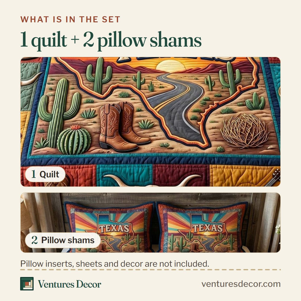 What is in the set: one quilt and two pillow shams, shown in the Texas Pride Sunset Stripes and Guitar design