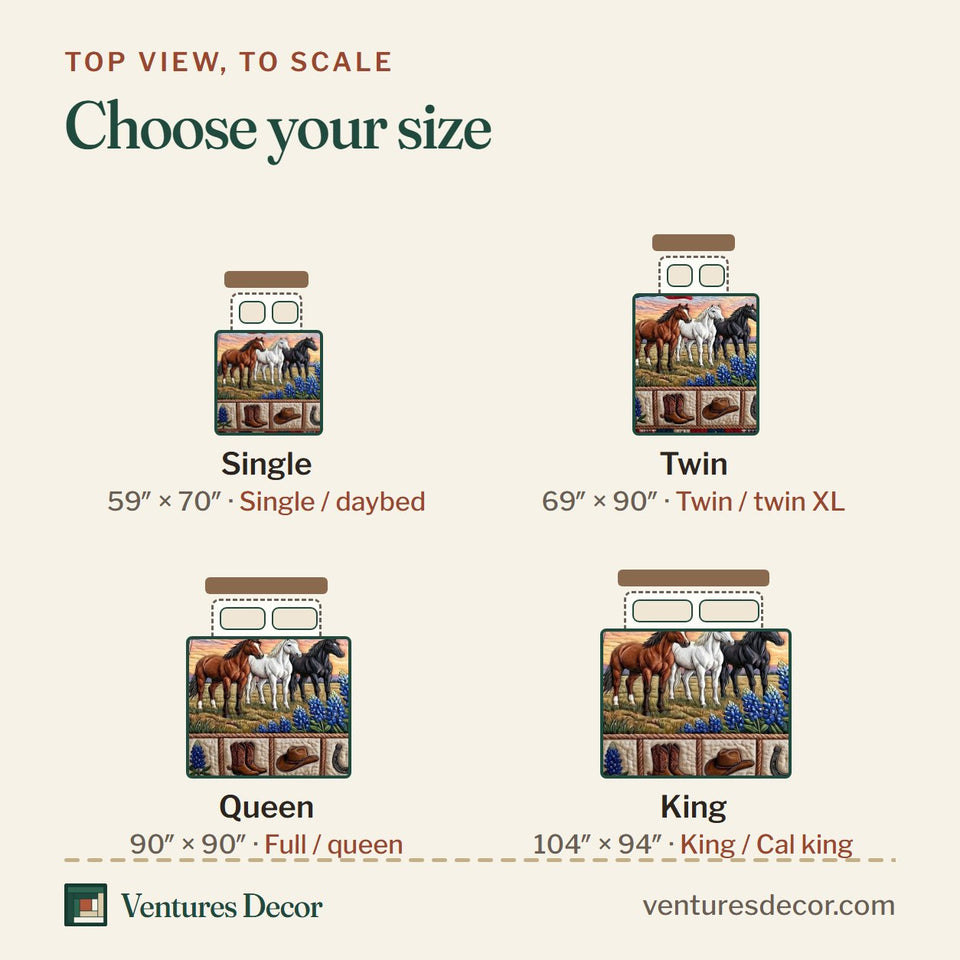 Size guide for the Texas Pride Three Horses at Sunset quilt, top view to scale: Single 59 x 70 in, Twin 69 x 90 in, Queen 90 x 90 in, King 104 x 94 in