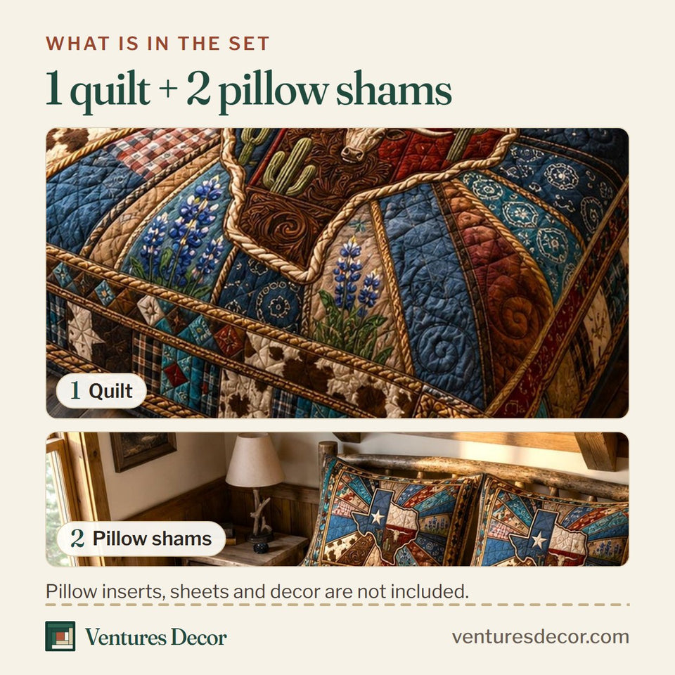 What is in the set: one quilt and two pillow shams, shown in the Texas Roots Map at the Center design