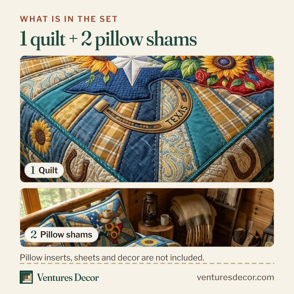 What is in the set: one quilt and two pillow shams, shown in the Texas State Sunflower design