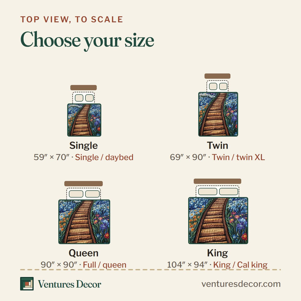 Size guide for the Texas Tracks Wildflower Rails quilt, top view to scale: Single 59 x 70 in, Twin 69 x 90 in, Queen 90 x 90 in, King 104 x 94 in