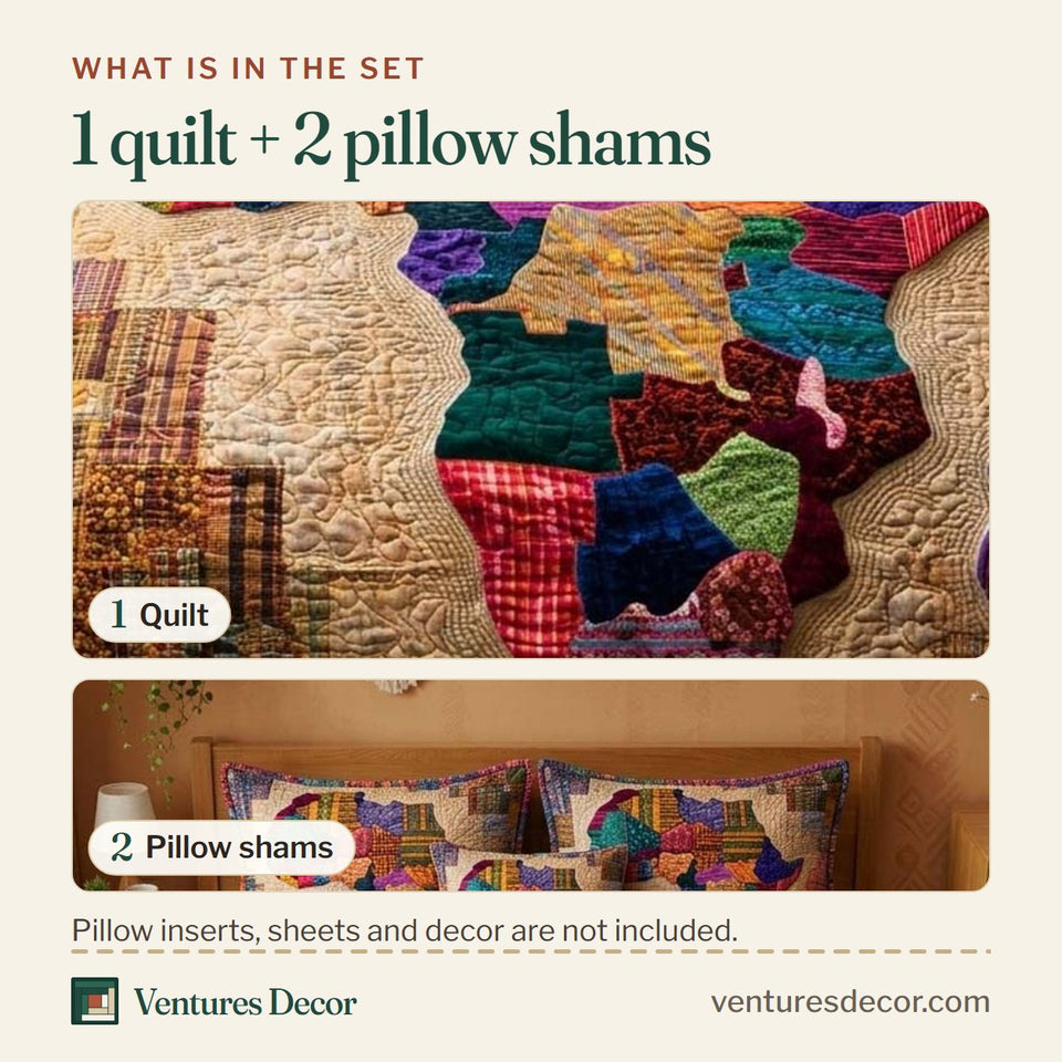 What is in the set: one quilt and two pillow shams, shown in the Textile Africa design