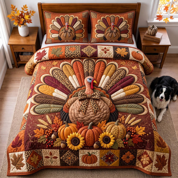 Thanksgiving Turkey quilted bedding set, quilt and two pillow shams on a made bed