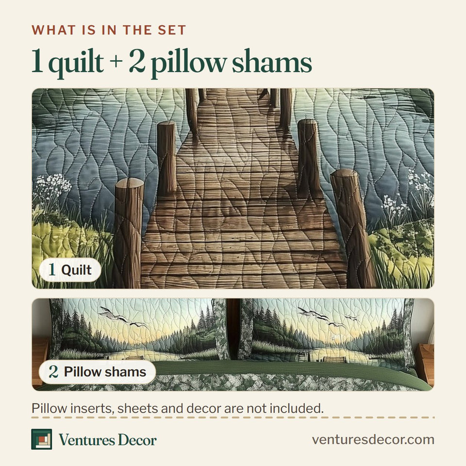 What is in the set: one quilt and two pillow shams, shown in the The Dock to Dawn design