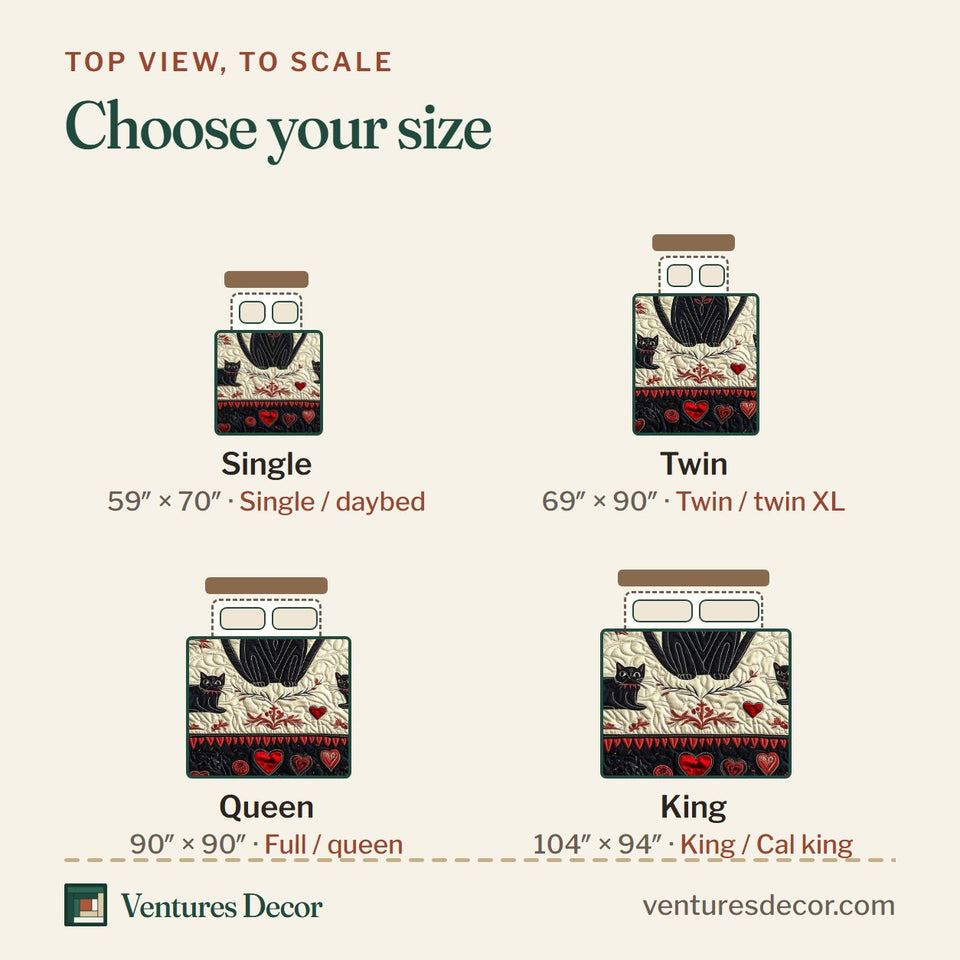 Size guide for the The Enchanted Cats quilt, top view to scale: Single 59 x 70 in, Twin 69 x 90 in, Queen 90 x 90 in, King 104 x 94 in