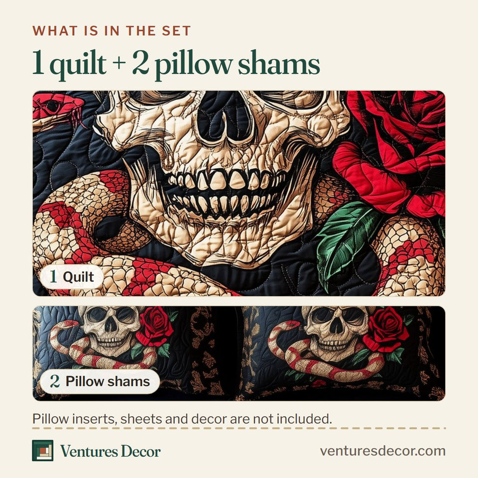 What is in the set: one quilt and two pillow shams, shown in the The Enchanted Skull design
