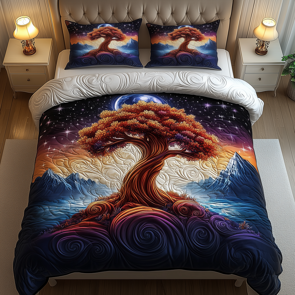 The Enchanted Tree quilted bedding set, quilt and two pillow shams on a made bed