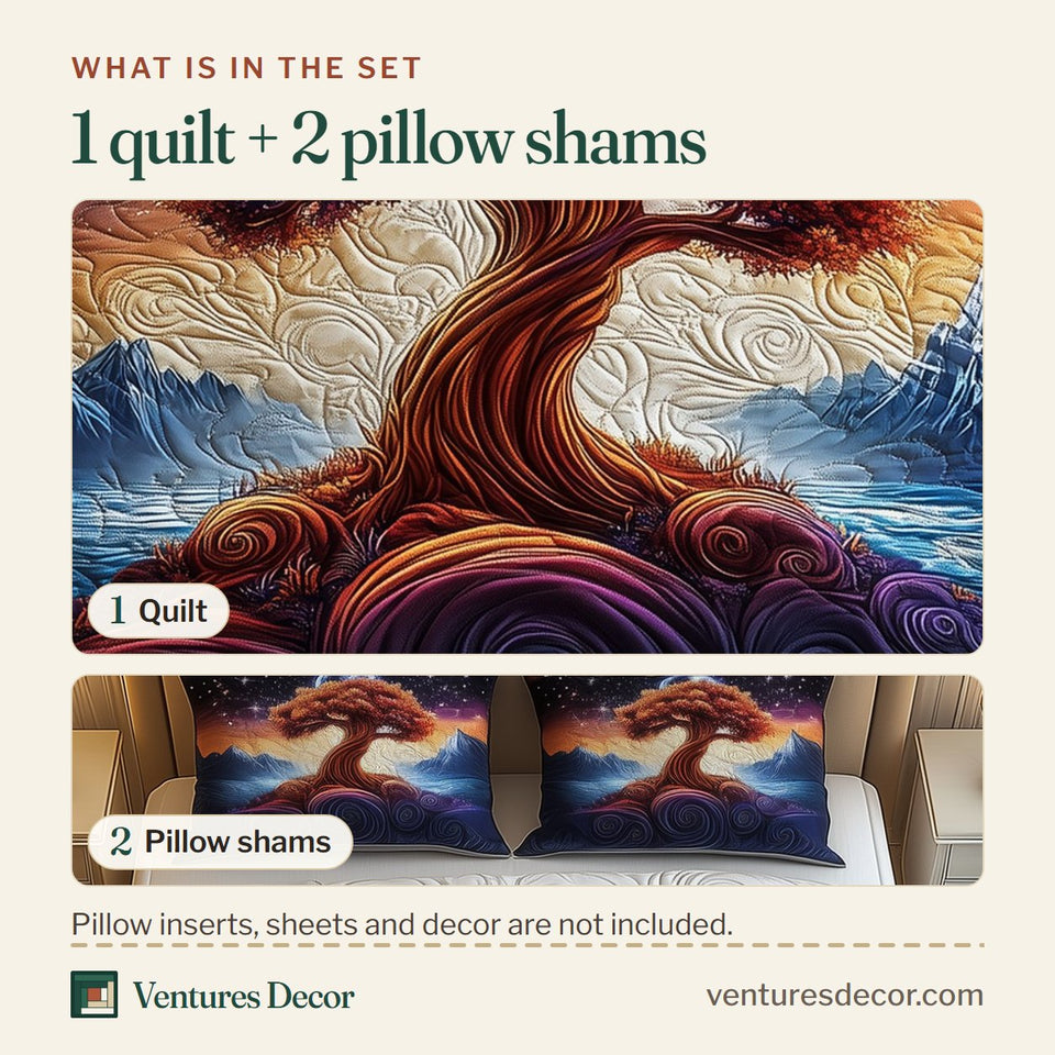 What is in the set: one quilt and two pillow shams, shown in the The Enchanted Tree design