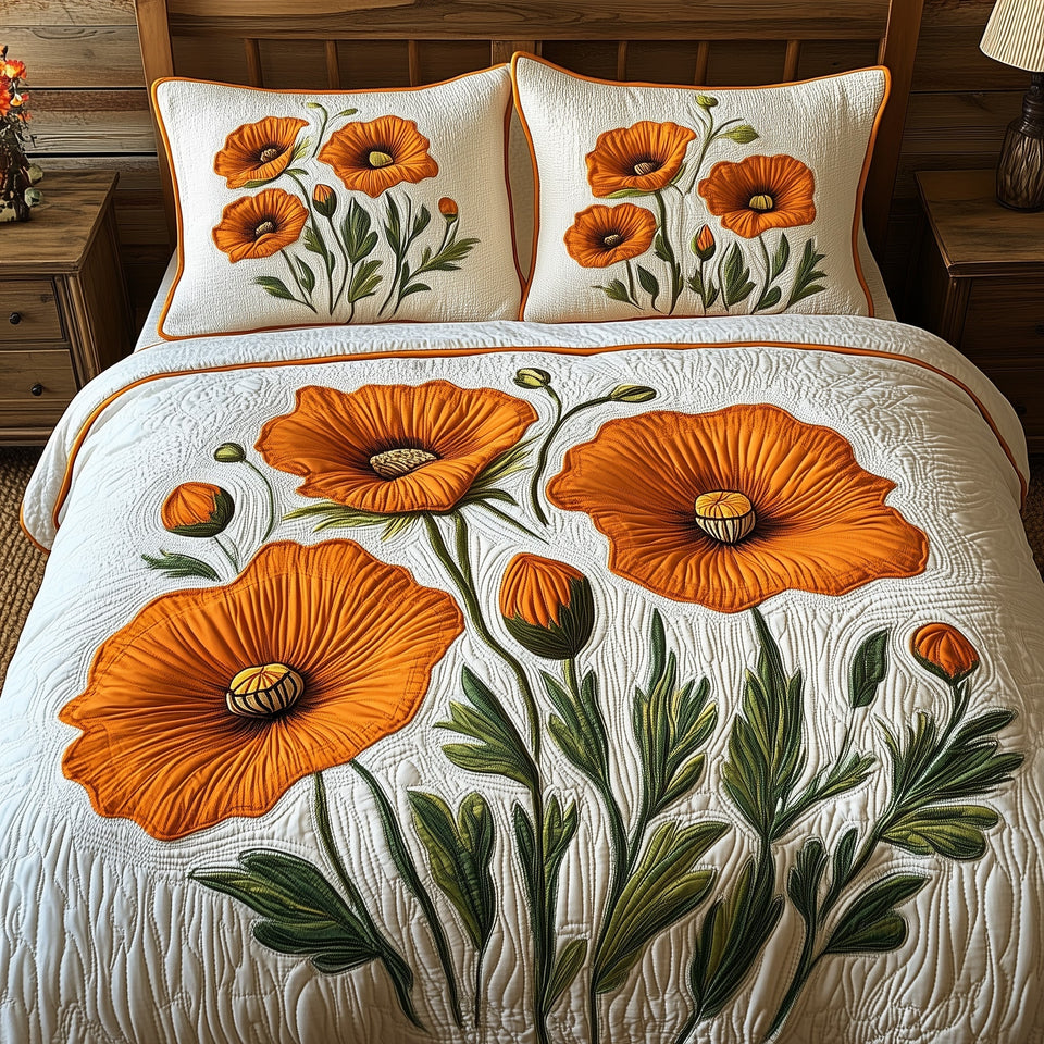 The Golden State Flower quilted bedding set, quilt and two pillow shams on a made bed