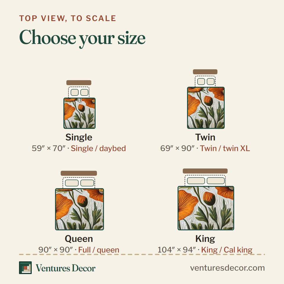 Size guide for the The Golden State Flower quilt, top view to scale: Single 59 x 70 in, Twin 69 x 90 in, Queen 90 x 90 in, King 104 x 94 in