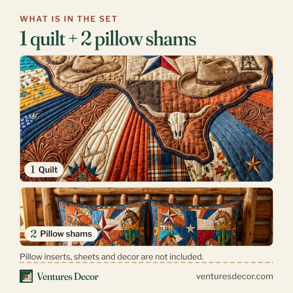 What is in the set: one quilt and two pillow shams, shown in the The Lone Star State Sunburst Scrap Patch design