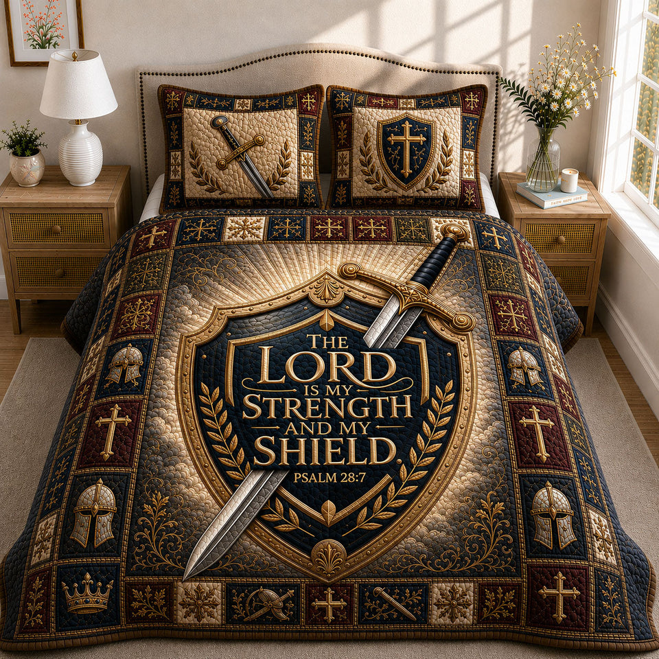 The Lord Is My Strength And My Shield quilted bedding set, quilt and two pillow shams on a made bed