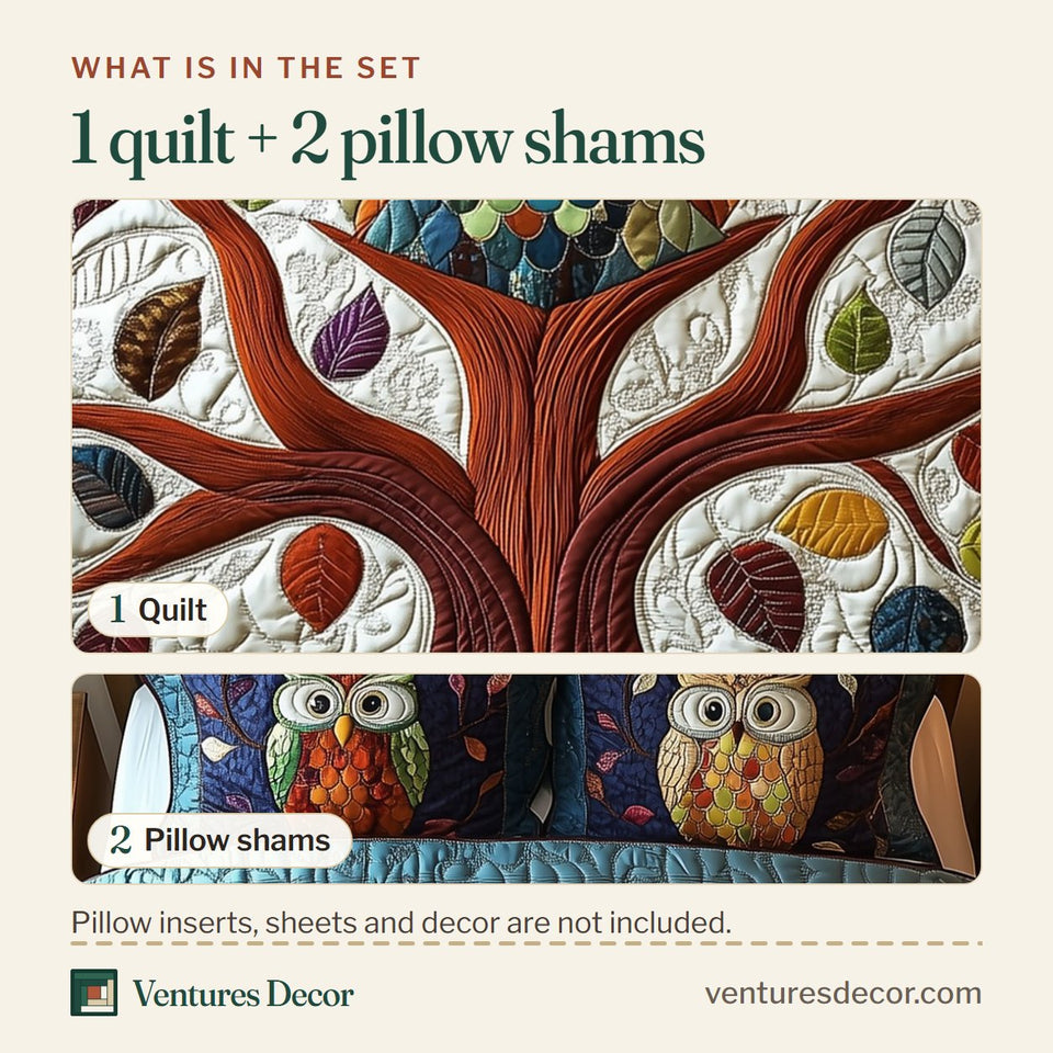 What is in the set: one quilt and two pillow shams, shown in the The Owlchemy Leafy Tree in Warm Rust design