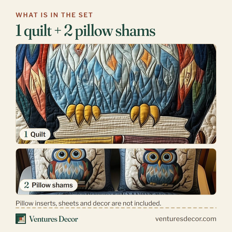 What is in the set: one quilt and two pillow shams, shown in the The Owlchemy Owl Above a Book Stack design