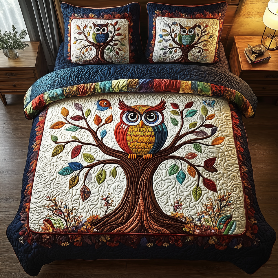 The Owlchemy Slender Tree with Rust Border quilted bedding set, quilt and two pillow shams on a made bed