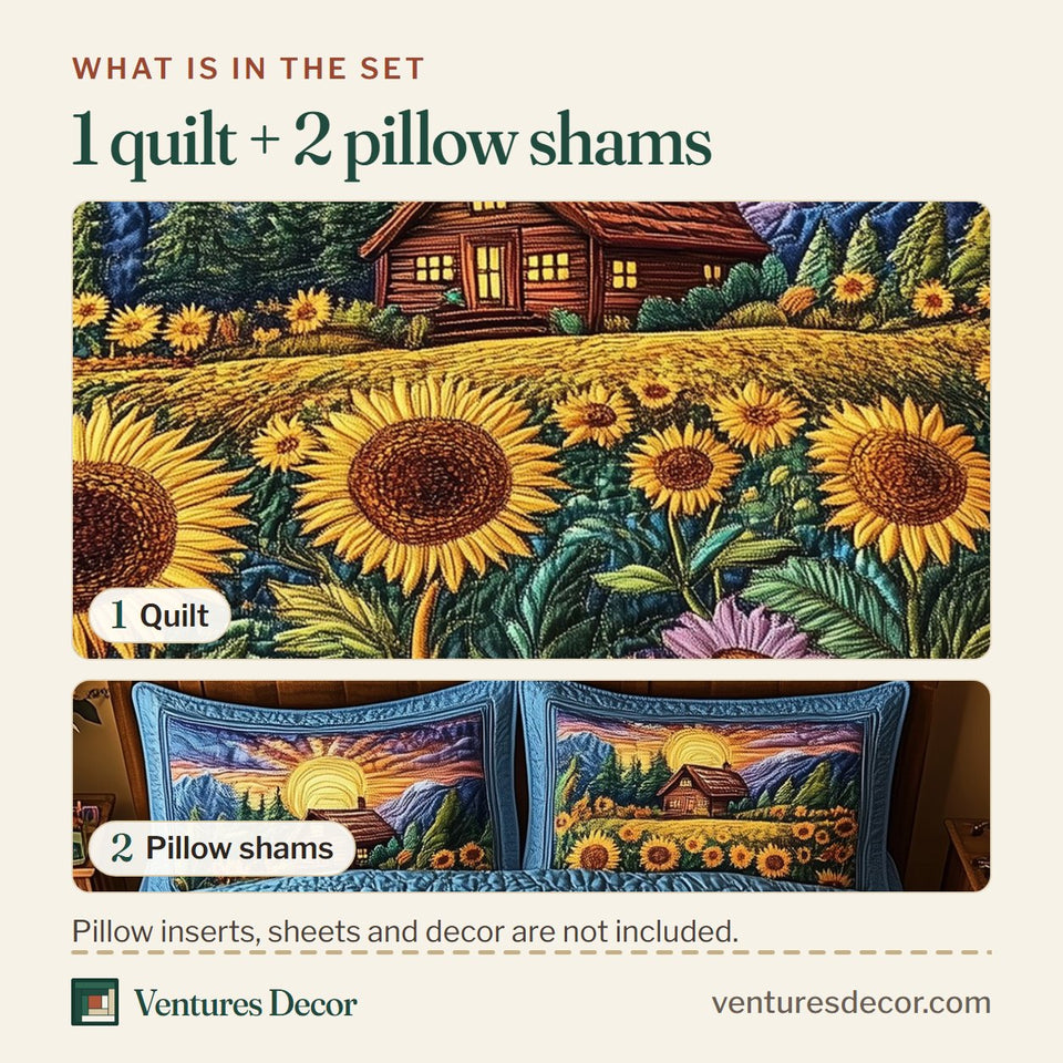 What is in the set: one quilt and two pillow shams, shown in the The Sunny Cabin design