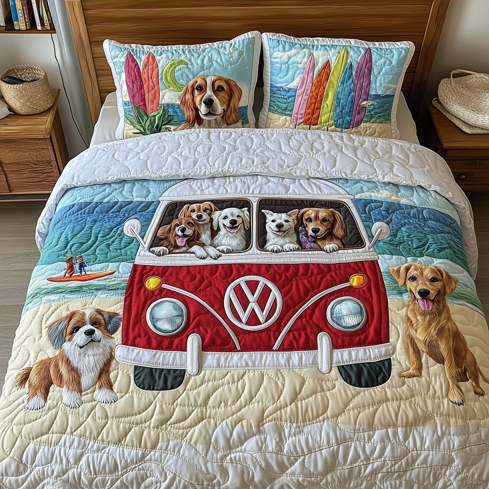 The Ultimate Dog Vacation quilted bedding set, quilt and two pillow shams on a made bed