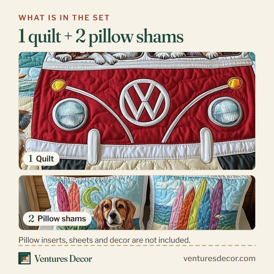 What is in the set: one quilt and two pillow shams, shown in the The Ultimate Dog Vacation design