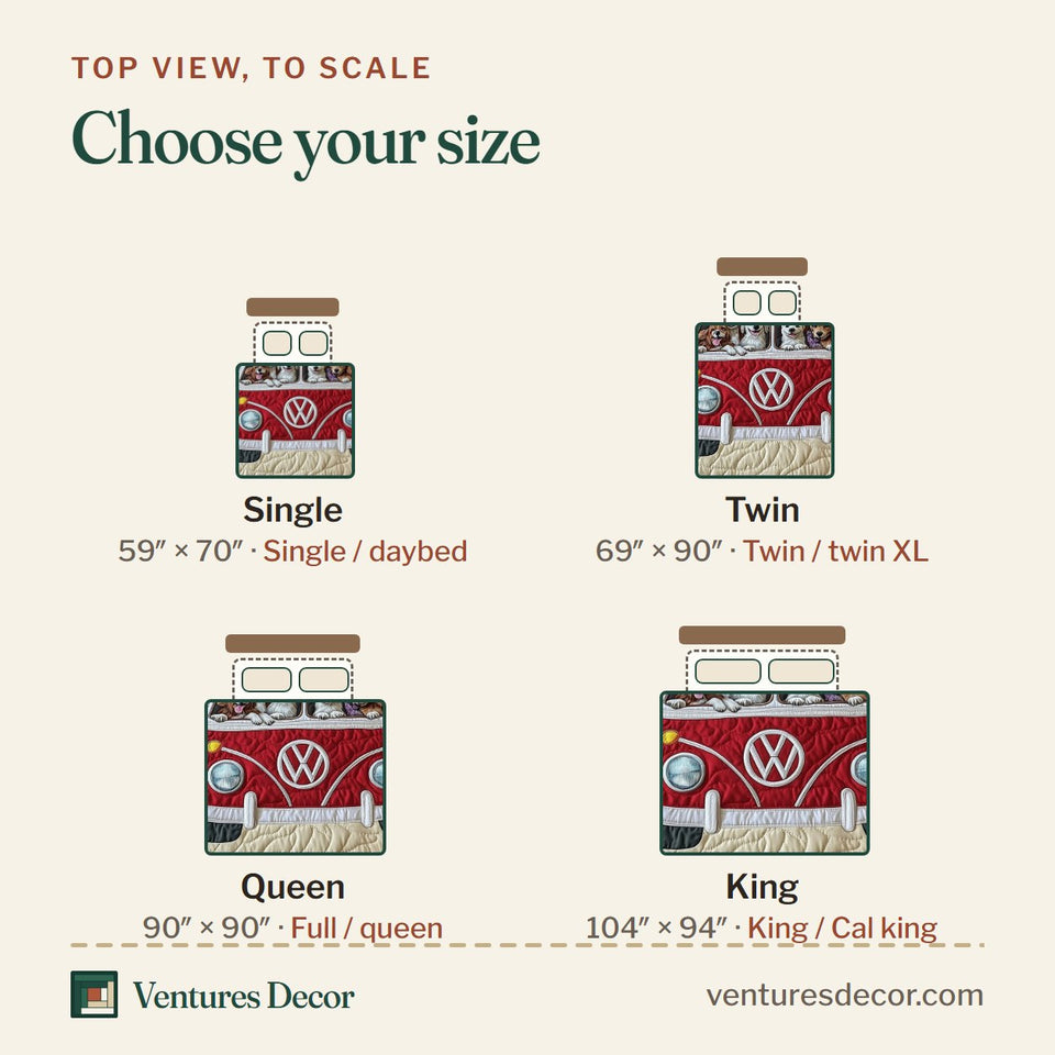 Size guide for the The Ultimate Dog Vacation quilt, top view to scale: Single 59 x 70 in, Twin 69 x 90 in, Queen 90 x 90 in, King 104 x 94 in