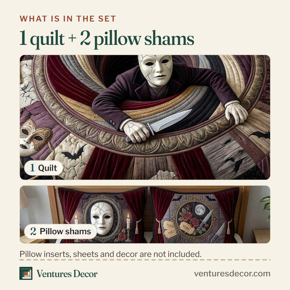What is in the set: one quilt and two pillow shams, shown in the Theater Mask Vortex design