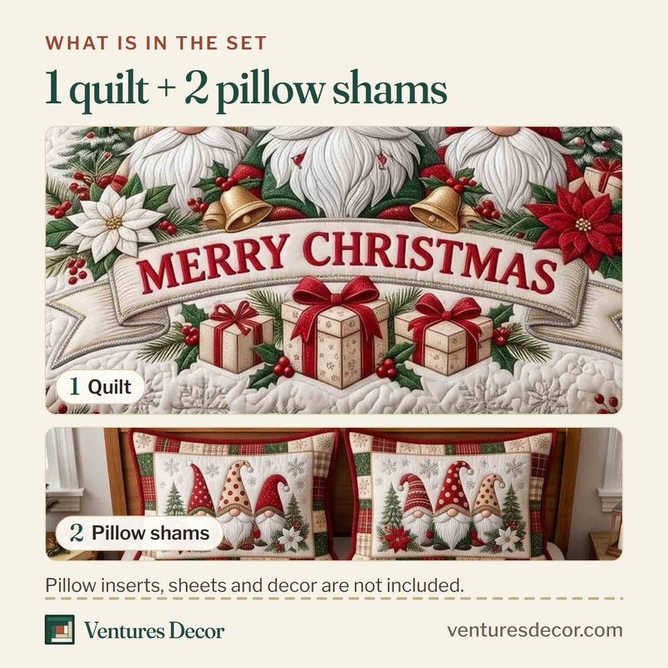 What is in the set: one quilt and two pillow shams, shown in the Three Gnomes Merry Christmas design