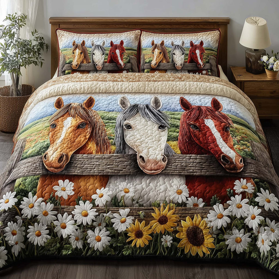 Three Horses Daisy Fence quilted bedding set, quilt and two pillow shams on a made bed