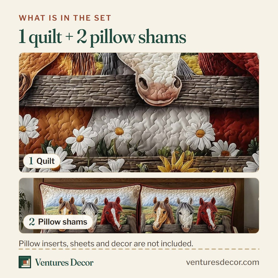 What is in the set: one quilt and two pillow shams, shown in the Three Horses Daisy Fence design