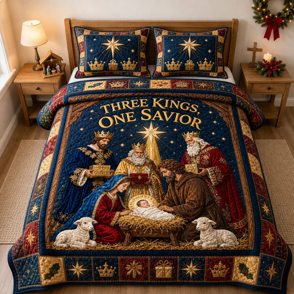 Three Kings One Savior quilted bedding set, quilt and two pillow shams on a made bed