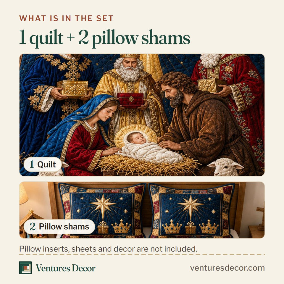 What is in the set: one quilt and two pillow shams, shown in the Three Kings One Savior design