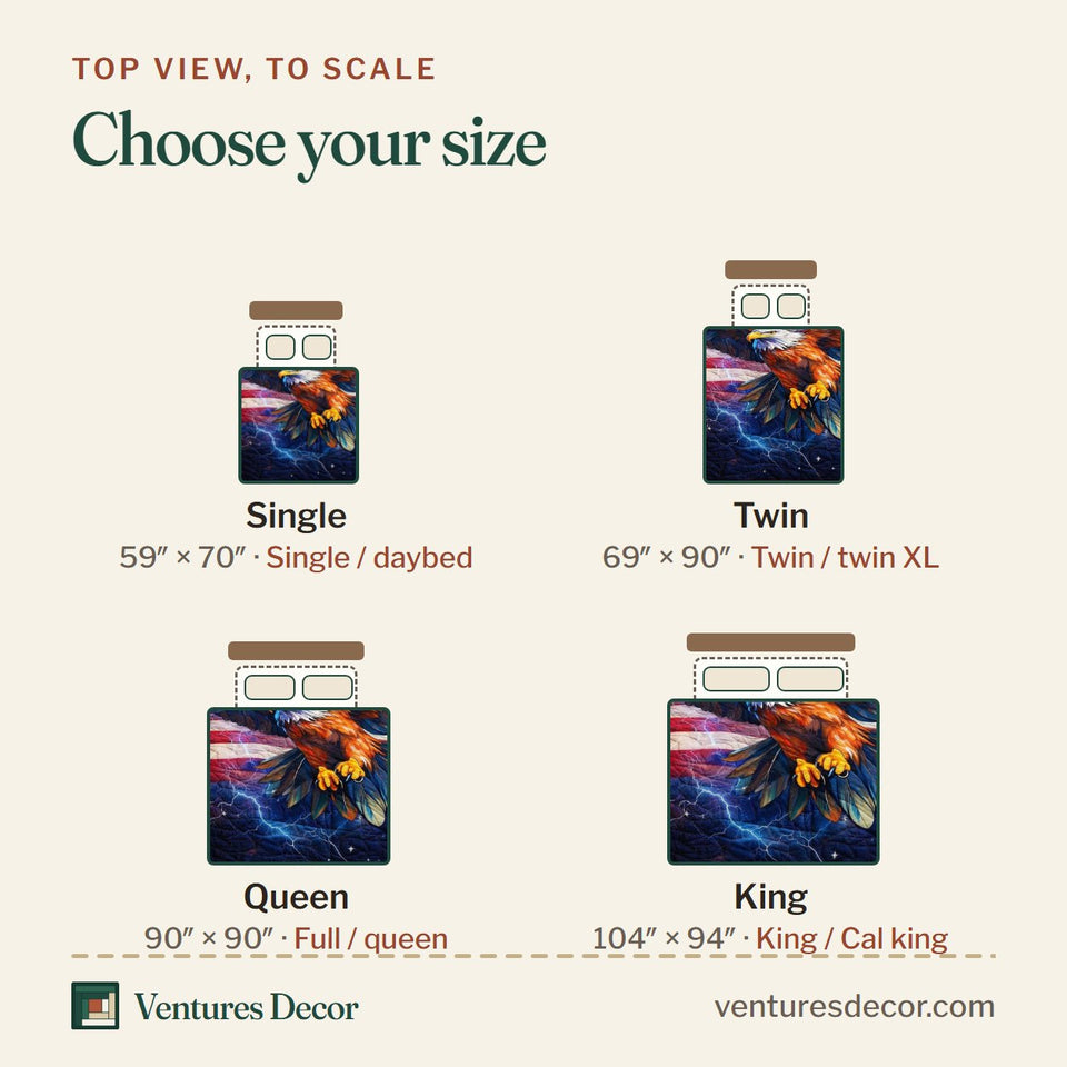 Size guide for the Thunder Eagle quilt, top view to scale: Single 59 x 70 in, Twin 69 x 90 in, Queen 90 x 90 in, King 104 x 94 in